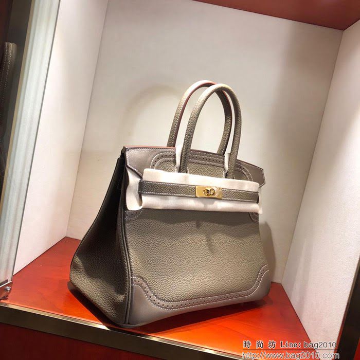 HERMES愛馬仕 鉑金包 Birkin Ghillies 30Cm Swif拼Tc 18 Etoupe 大象灰 銀扣 頂級工藝 手縫蠟線 時尚手提包  Ama1596